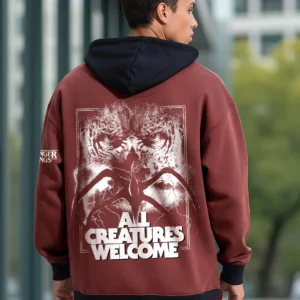 Men’s Fudgesickle Brown All Creatures Welcome Graphic Printed Oversized Hoodies