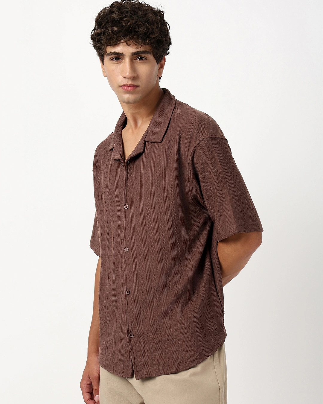 Men’s Almond Brown Textured Oversized Shirt - Image 2