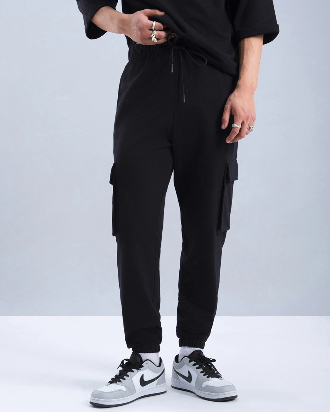 Men’s Black Oversized Cargo Warm Joggers - Image 2