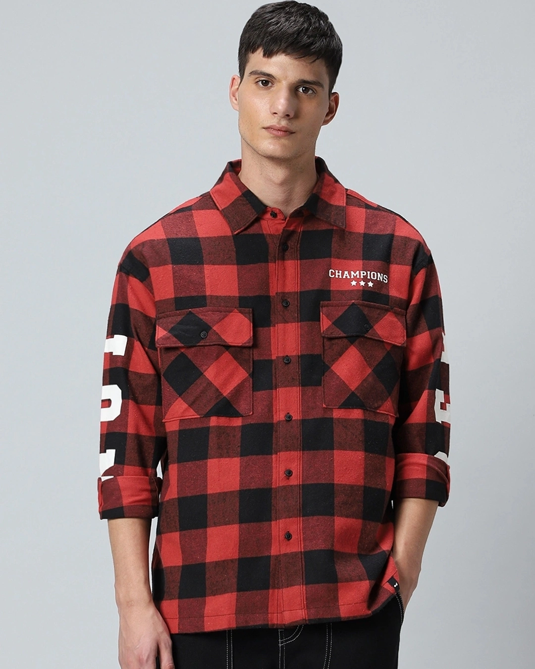Men’s Red & Black Reb Checked Oversized Shirt - Image 2